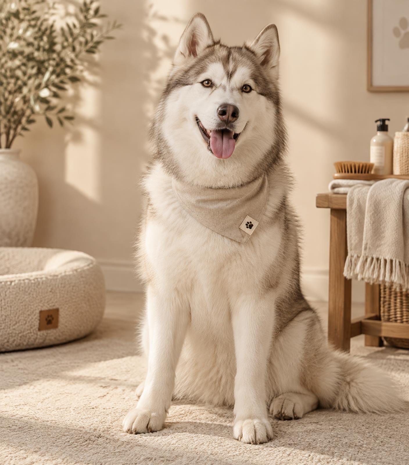 A husky sitting calmly in the Milo & Moss grooming studio